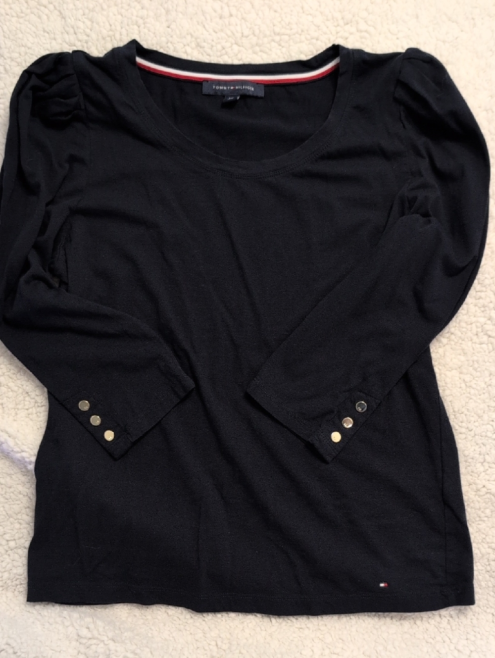 Tommy Hilfiger Navy 3/4-Sleeve Puff Shoulder Top with Gold Buttons